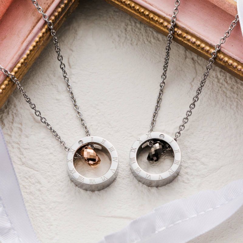 ペアネックレス 刻印可能 サークルトップ タングステン アレルギーフリー サージカルステンレス316L 時計 ローマ数字 ピンク＆ブラック 4SUP025GO＆4SUP025BK