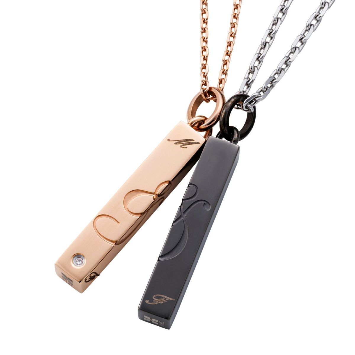 ペアネックレス 刻印可能 アレルギーフリー サージカルステンレス316L 角柱 プリズム「＆」ピンク＆ブラック 4SUP055GO＆4SUP055BK