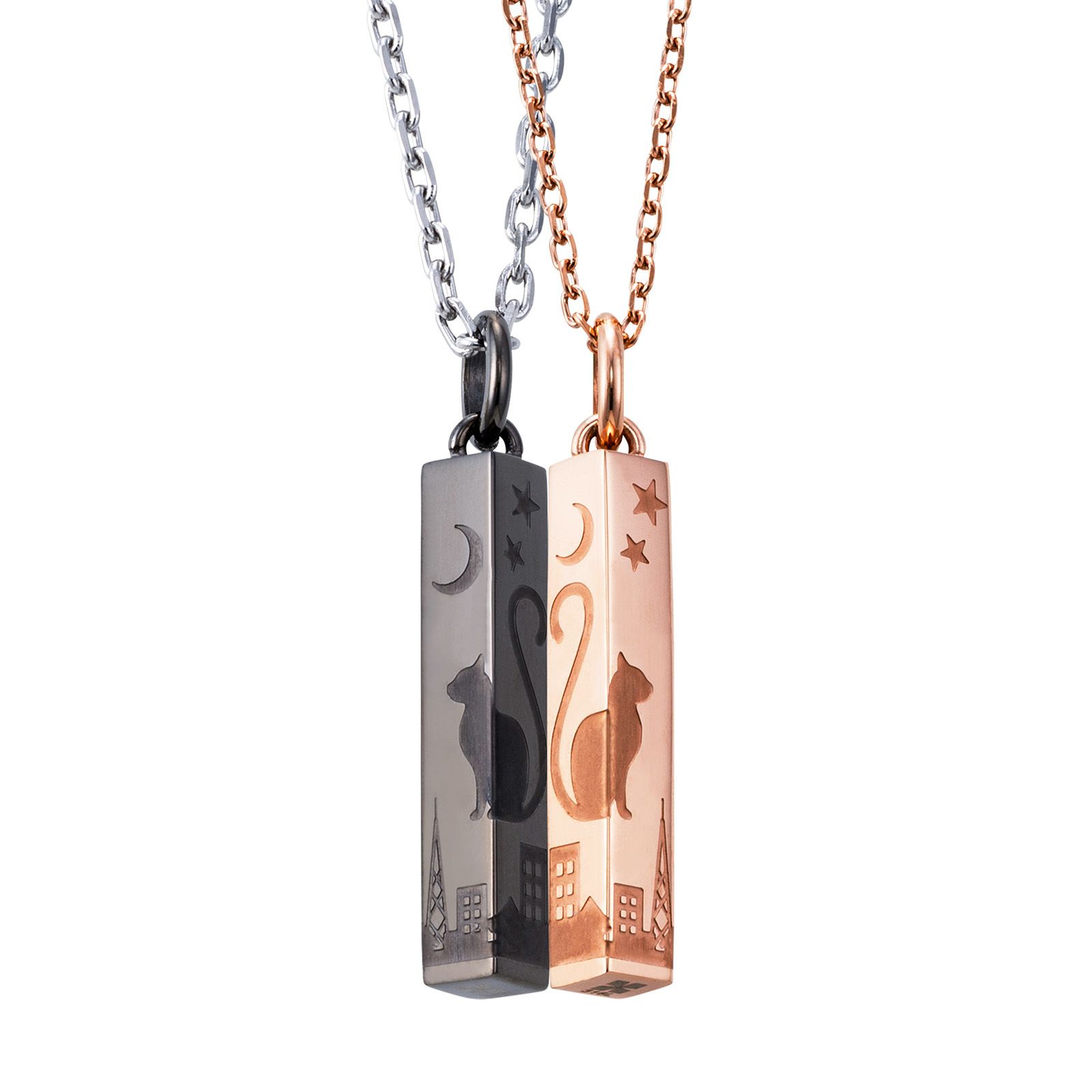 ペアネックレス 刻印可能 アレルギーフリー サージカルステンレス316L 猫 月 シェアハート ピンク＆ブラック 4SUP060GO&4SUP060BK