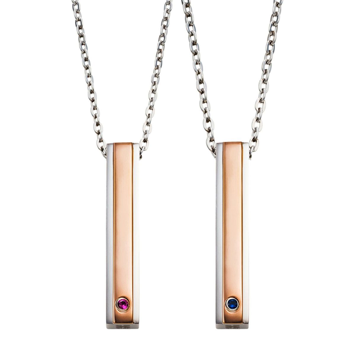 ペアネックレス 刻印可能 誕生月カラーキュービック アレルギーフリー サージカルステンレス316L 角柱 ピンク＆ピンク 4SUP200GO&4SUP200GO