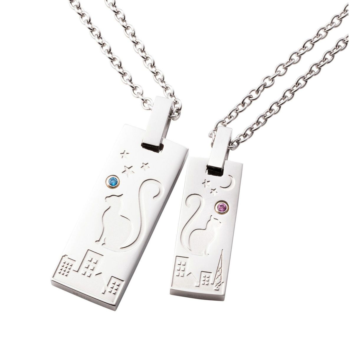 猫 ペアネックレス 刻印可能 誕生月カラーキュービック アレルギーフリー サージカルステンレス316L シルバー＆シルバー 4SUP209SV&4SUP210SV