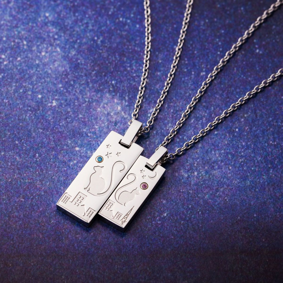 猫 ペアネックレス 刻印可能 誕生月カラーキュービック アレルギーフリー サージカルステンレス316L シルバー＆シルバー 4SUP209SV&4SUP210SV