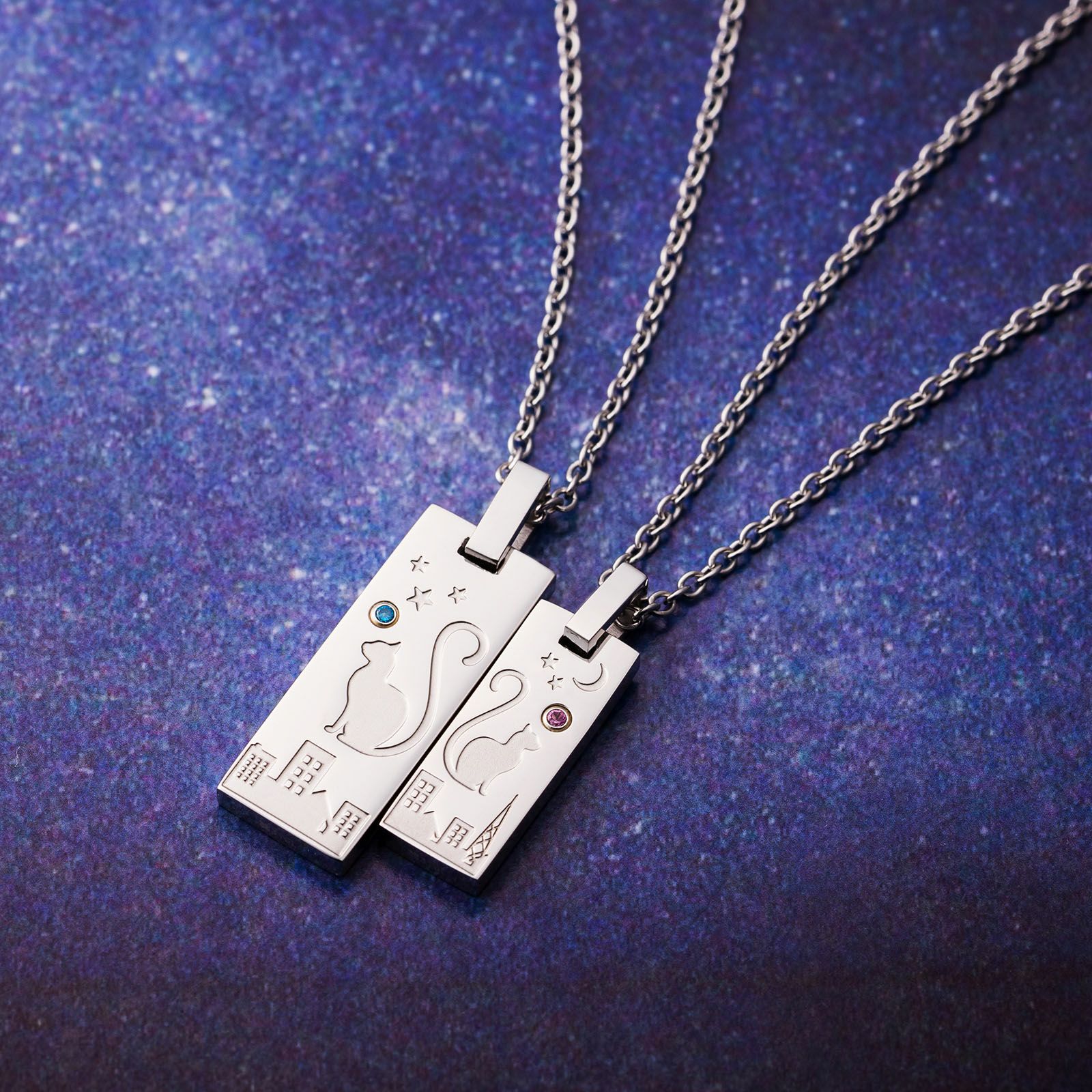 猫 ペアネックレス 刻印可能 誕生月カラーキュービック アレルギーフリー サージカルステンレス316L シルバー＆シルバー 4SUP209SV&4SUP210SV