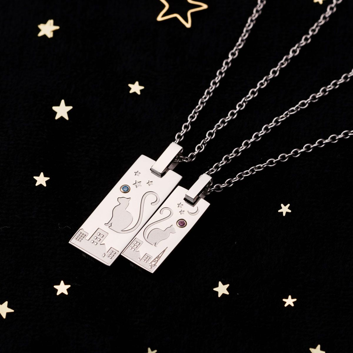 猫 ペアネックレス 刻印可能 誕生月カラーキュービック アレルギーフリー サージカルステンレス316L シルバー＆シルバー 4SUP209SV&4SUP210SV